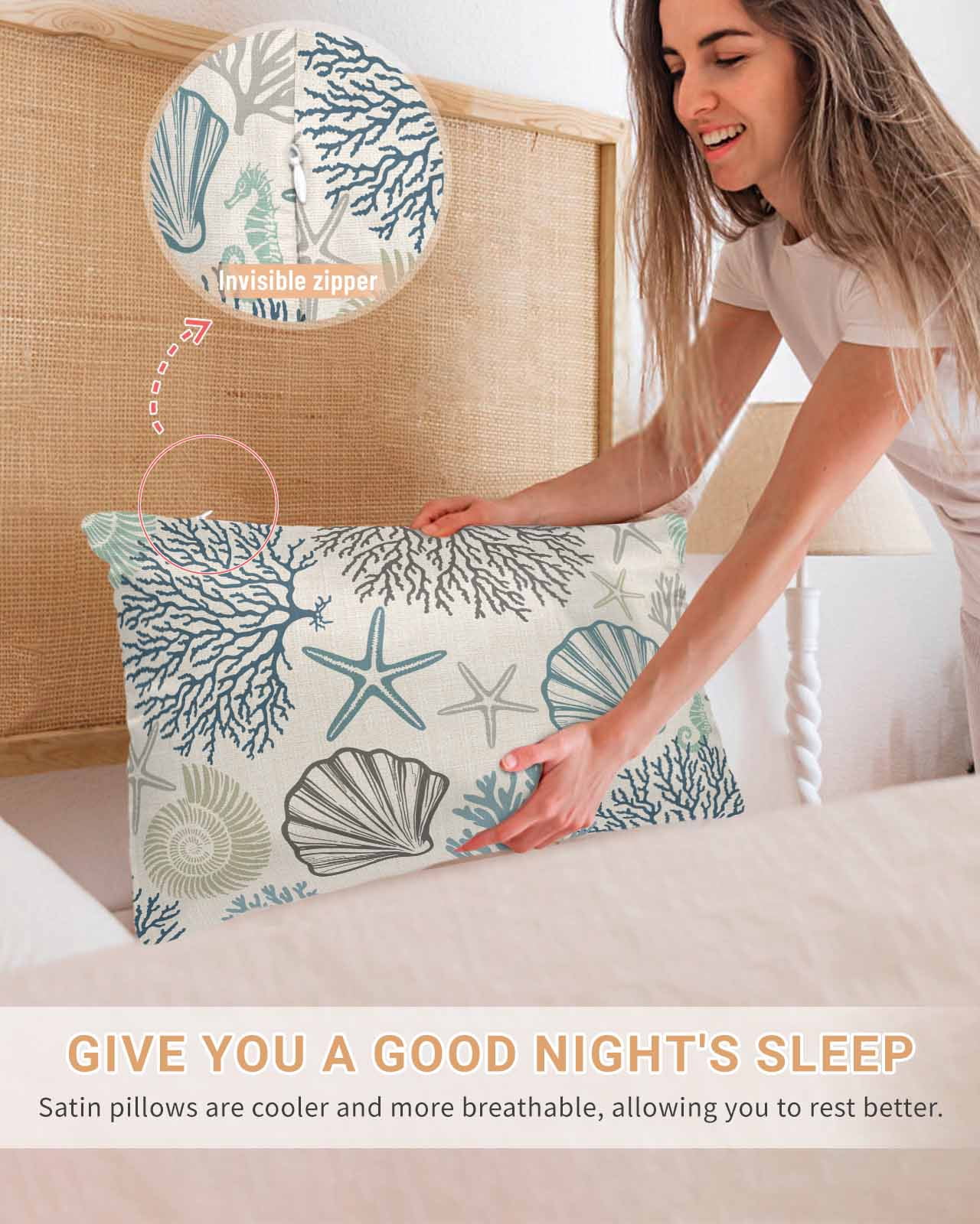 Ocean Coastal Pillow Cases Standard Size Set of 2, Smooth Satin Pillowcase for Hair and Skin, Retro Coral Starfish Shell Seahorse Decorative Cooling Bed Pillow Covers with Zipper, 20x26 Inches