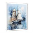 thumbnail image 2 of Designart "Tranquil White and Blue Horizon Boat I" Coastal Framed Wall Art - Coastal Blue Coastal Minimalism Bedroom Framed Canvas Wall Art, 2 of 6