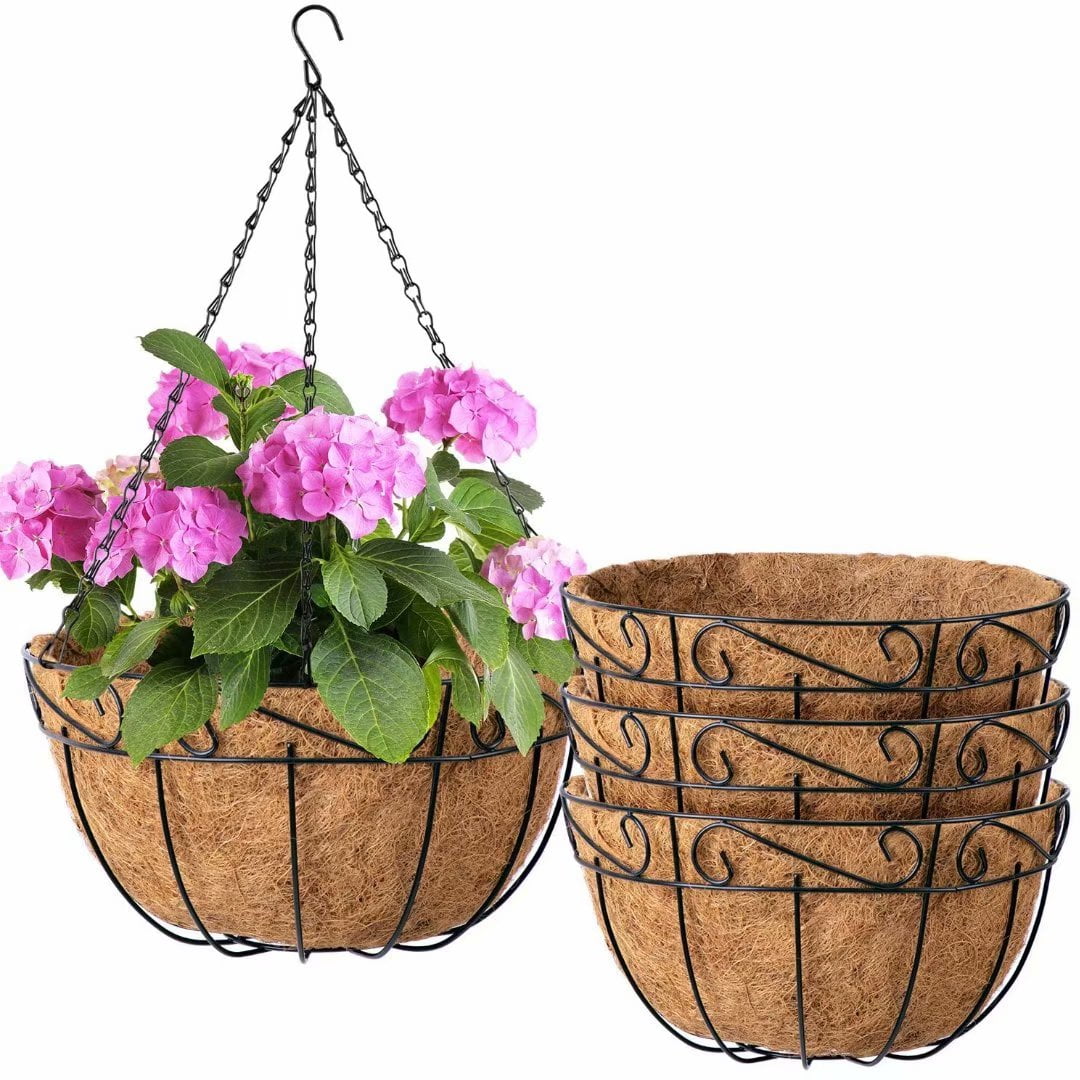 DOKIMIYA Hanging Basket Planter Flower Pot with Coconut Coir Liner 10 Inch Metal Round Wire Plant Holder with Chain for Outdoor Garden Home Balcony Decor 2 Pack 