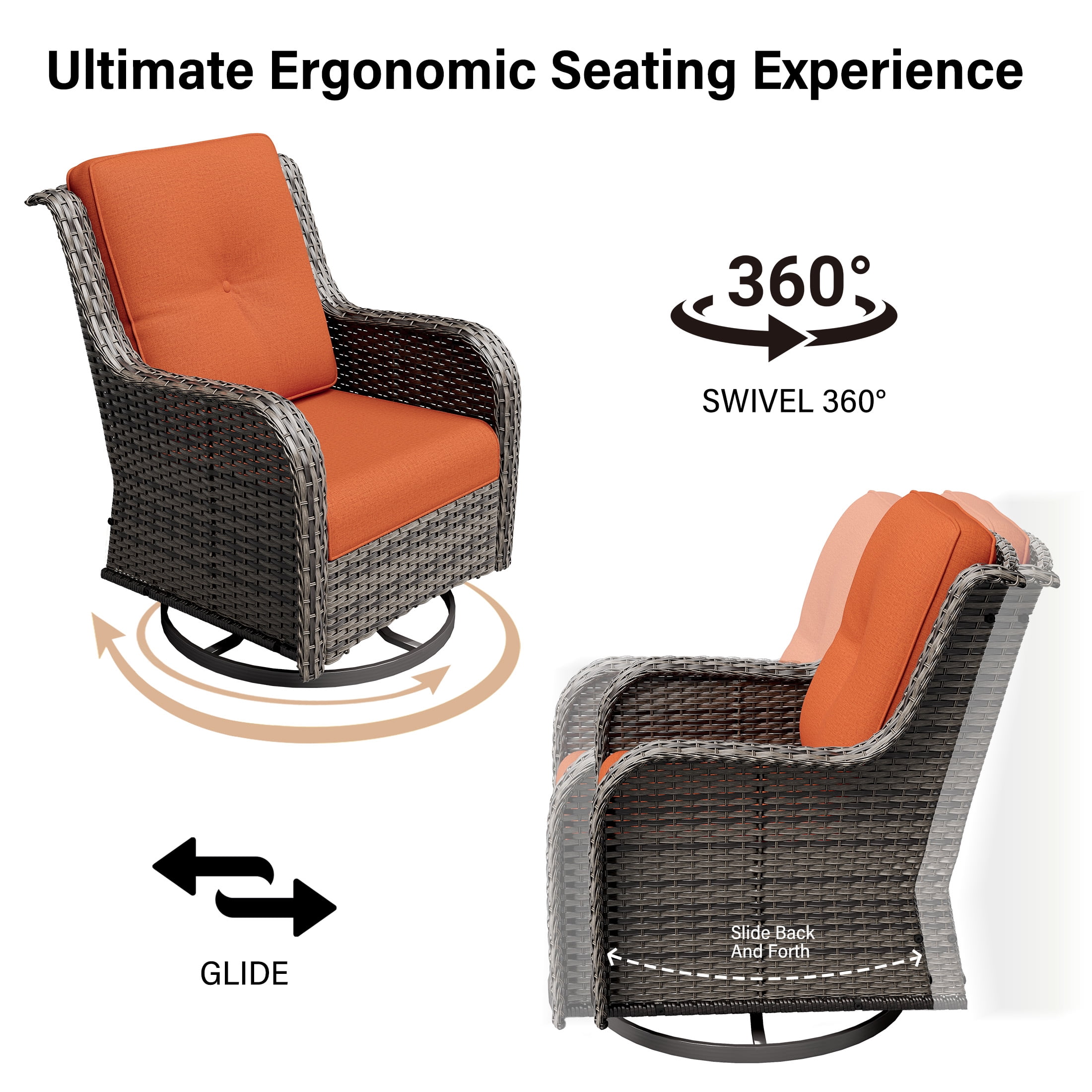 MeetLeisure 7 Piece Wicker Patio Furniture Set, 2 Swivel Rocker Chairs, 4 Rattan Armchairs, 1 Side Table, High Back, Deep Seating, Thick Cushions for Deck Porch, Orange