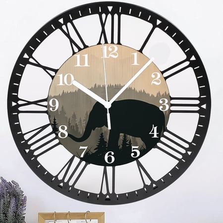 Iron 10 Inch Elephant Wall Clock Silent Non-Ticking Clocks Forest Wildlife Wall Clocks Battery Operated Rustic Farmhouse Clock for Home Decor Living Room Kitchen Office Style 10×10inch(25×