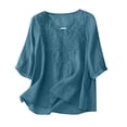 thumbnail image 4 of Womens Tops Cotton Linen Elbow Length Sleeve Tshirts for Women V Neck Pullover Solid Color Summer Fall Tees, 4 of 7