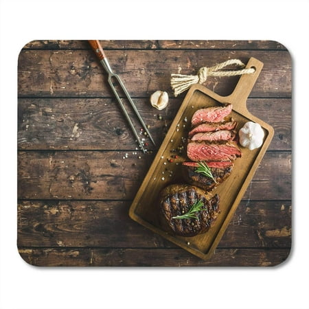 SIDONKU Sliced Grilled Marbled Meat Steak Filet Mignon Seasonings Fork Wooden Cutting Board Space for Text Juicy Mousepad Mouse Pad Mouse Mat 9x10
