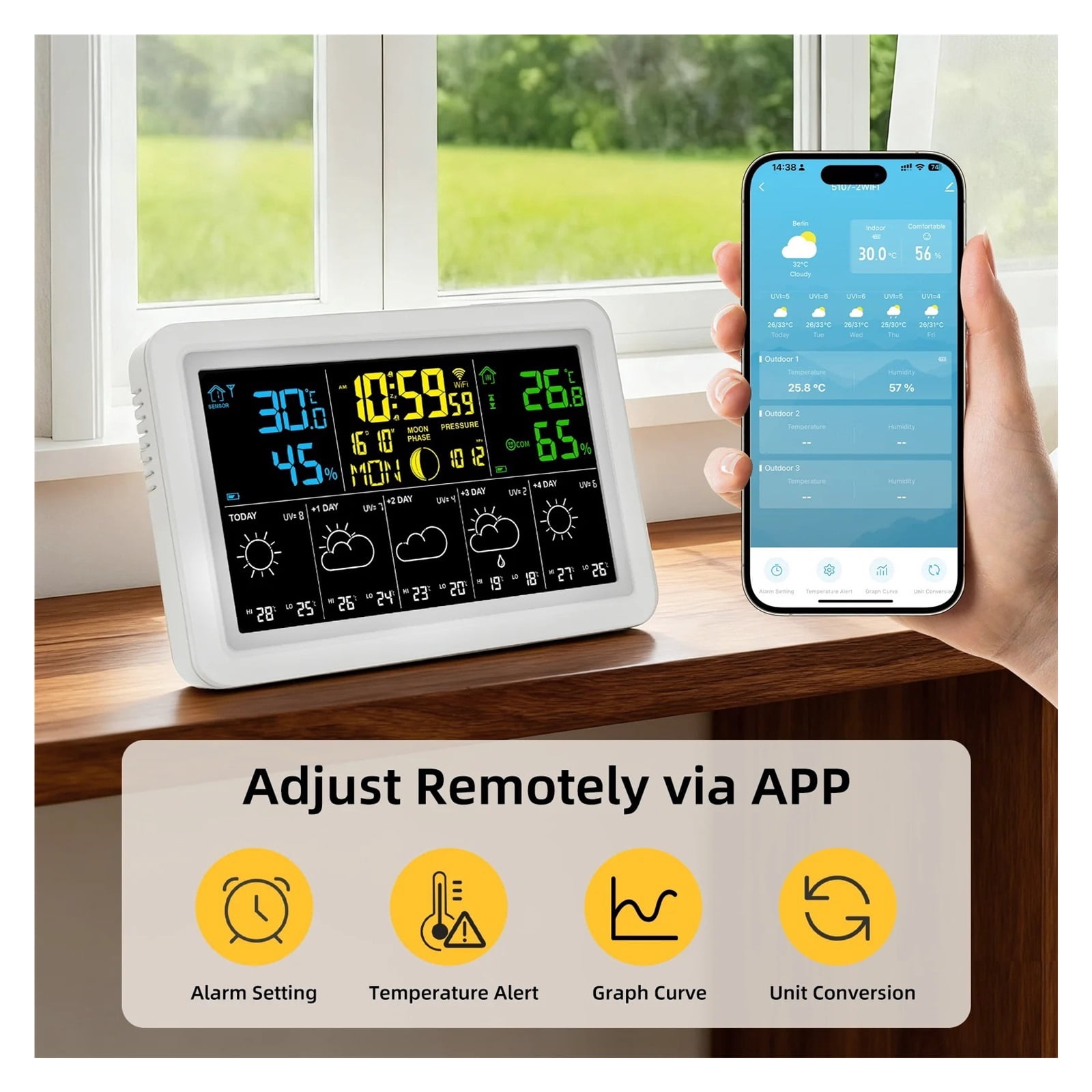 Smart Networking Weather Station with Barometer, Auto-Sync Clock & Moon Phase