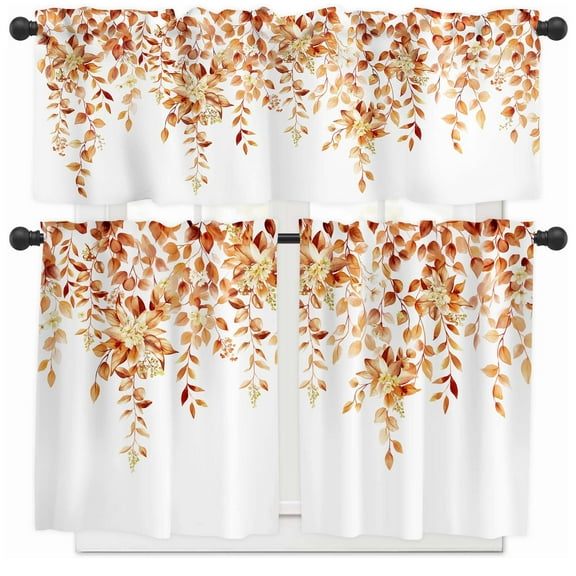 Alishomtll Fall  Kitchen Curtains and Valances Sets Orange Floral Print Kitchen Curtains 3 Piece Set 36 Inches Long,Rod Pocket