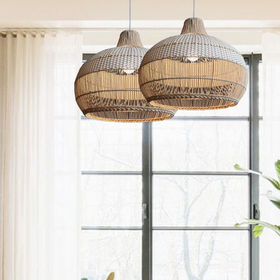Arturesthome White Rattan Pendant Light, Wicker Hanging Ceiling Light Chandelier, Handmade Woven Lampshade for Kitchen Island