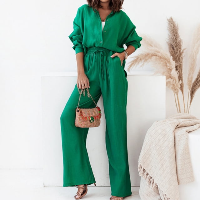 Traje Verano 2 Piezas Conjunto de pantalón largo de 2 piezas para mujer, camiseta informal de ajuste holgado, traje diario de color sólido Cgtredaw Verde Xxl para Mujer