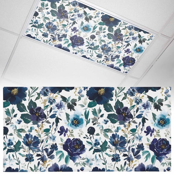 1 Pack Retro Blue Flowers Fluorescent Light Covers for Ceiling Lights Abstract Art Floral Country Plant Magnetic Ceiling Light Covers Overhead Light Filters for Office Classroom Home