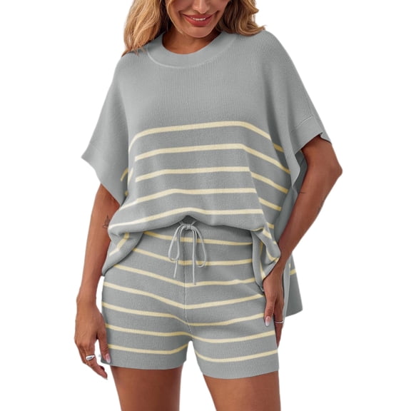 2 Pcs Women Striped Outfits Oversized Batwing Short Sleeve Tops High Waisted Shorts Summer Knit Lounge Short Sets