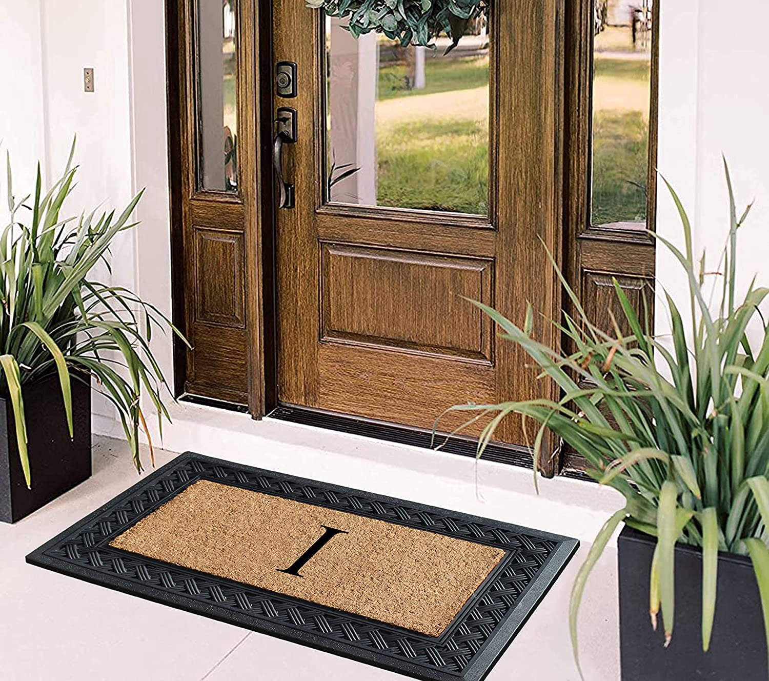 A1 Home Collections Paisley Rubber and Coir Outdoor Doormat, Non-Slip Backing, Black/Beige 23 x 38