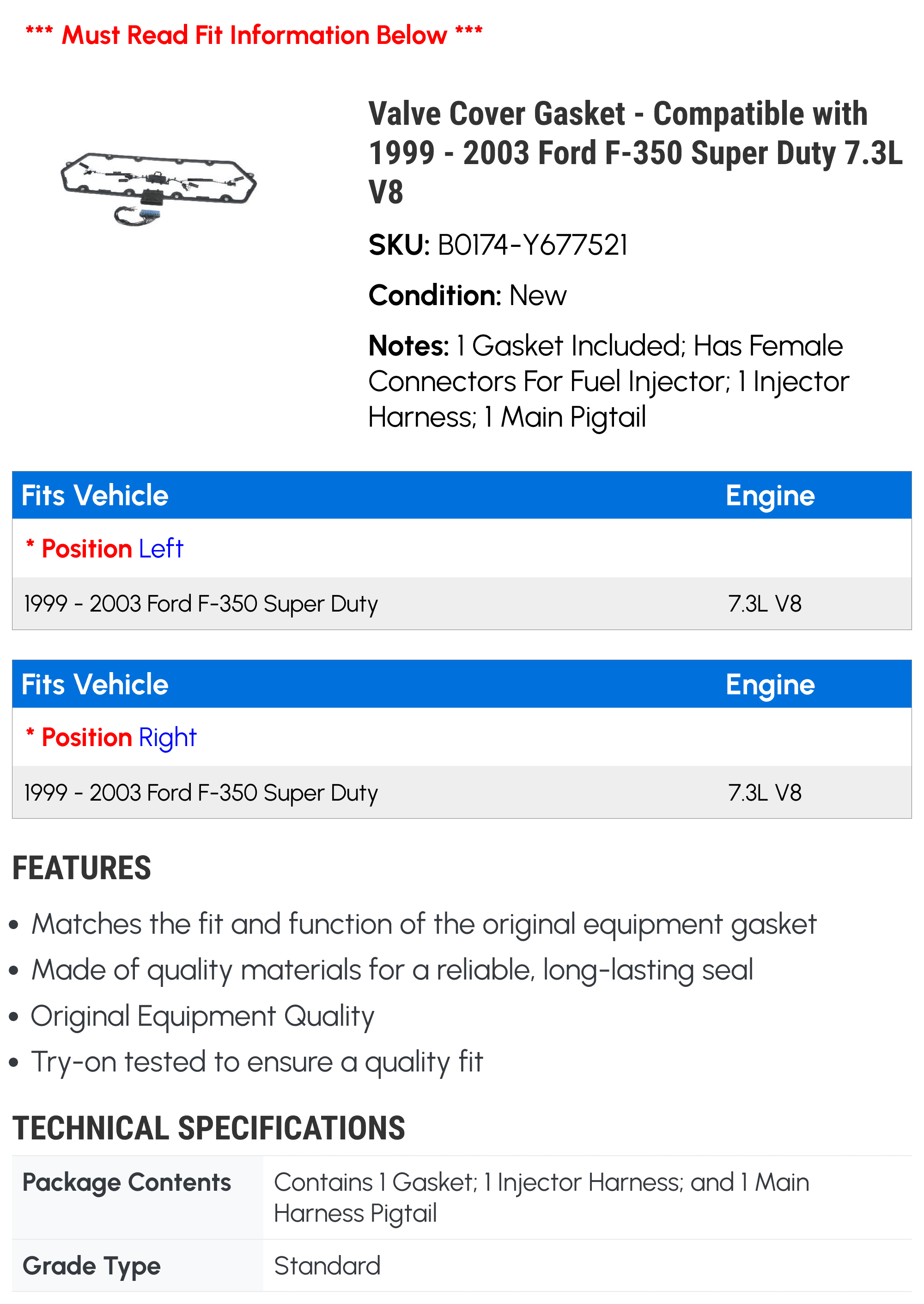 Valve Cover Gasket - Compatible with 1999 - 2003 Ford F-350 Super Duty 7.3L V8 2000 2001 2002