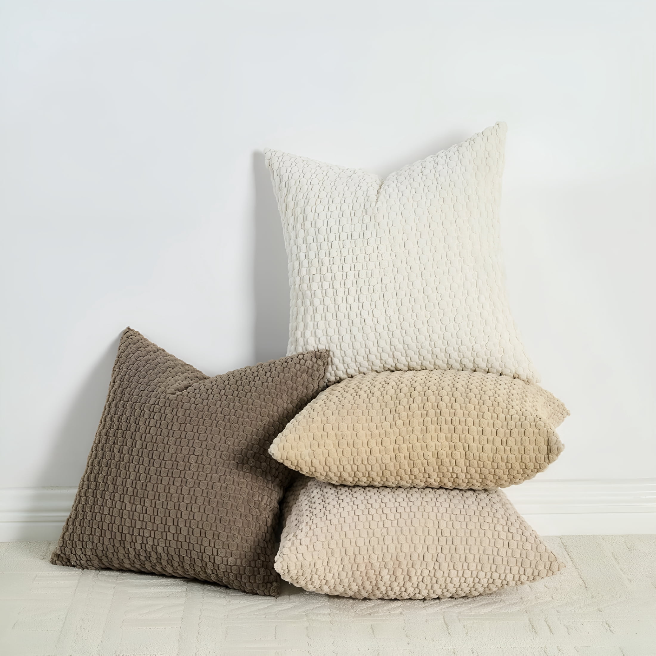 AUQ Throw Pillow Covers 18X18 Set of 4,Super Soft Boho Corduroy Decorative Cushion Cases,Solid Color Plush Texture Pillow Covers for Sofa Couch Chair,Beige Brown Pillow Cases 18X18