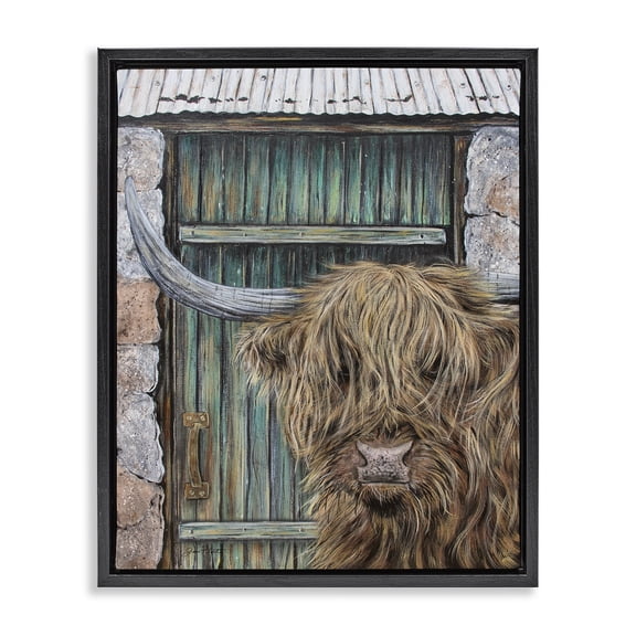 Highland Cow by Barn Door Black Framed Floater Canvas Wall Art, design by Jean Plout