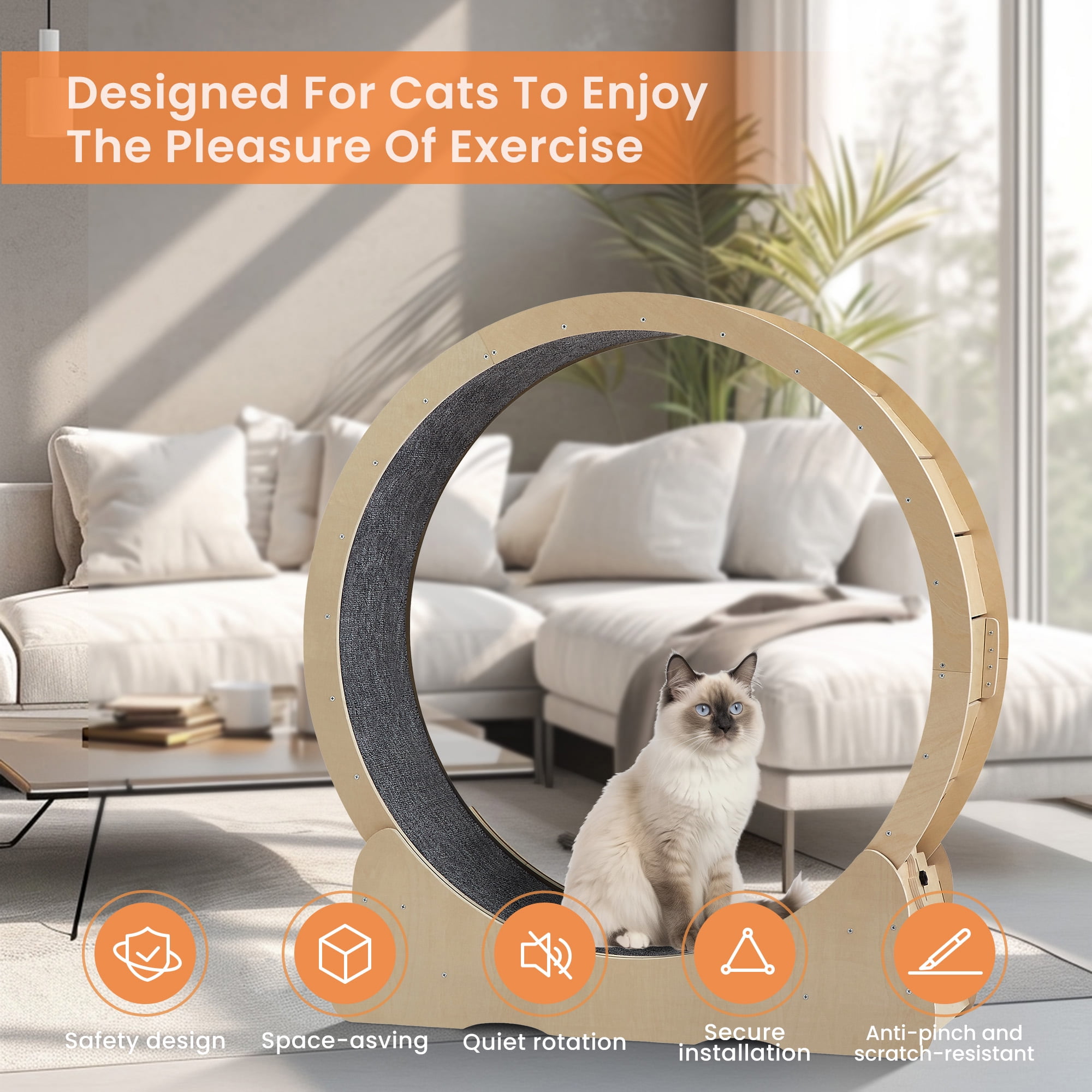Kadyn 39" Cat Exercise Wheel for Indoor Cats, Cat Running Wheel with Carpeted Runway, Cat Sport Treadmill Wheel for Kitty’s Longer Life, Beige