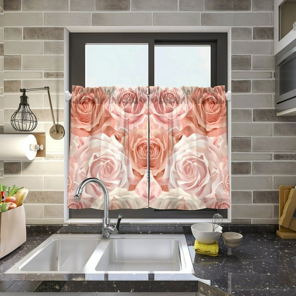 Roses Pink Kitchen Curtains Half Tier Curtain 2 Rod Pockets Bathroom Bedroom Cupborad Living Room 27"x24"