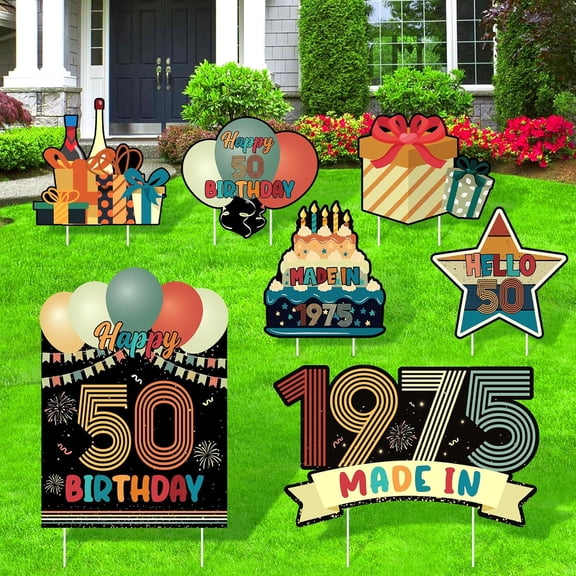50th Birthday Yard Sign Decorations,7Pcs Vintage 50th Birthday Yard Sign for Women, Waterproof Easy to Install Made in 1975 Outdoor Garden Yard Lawn Sign with Stakes for Birthday Outdoor Yard Decor