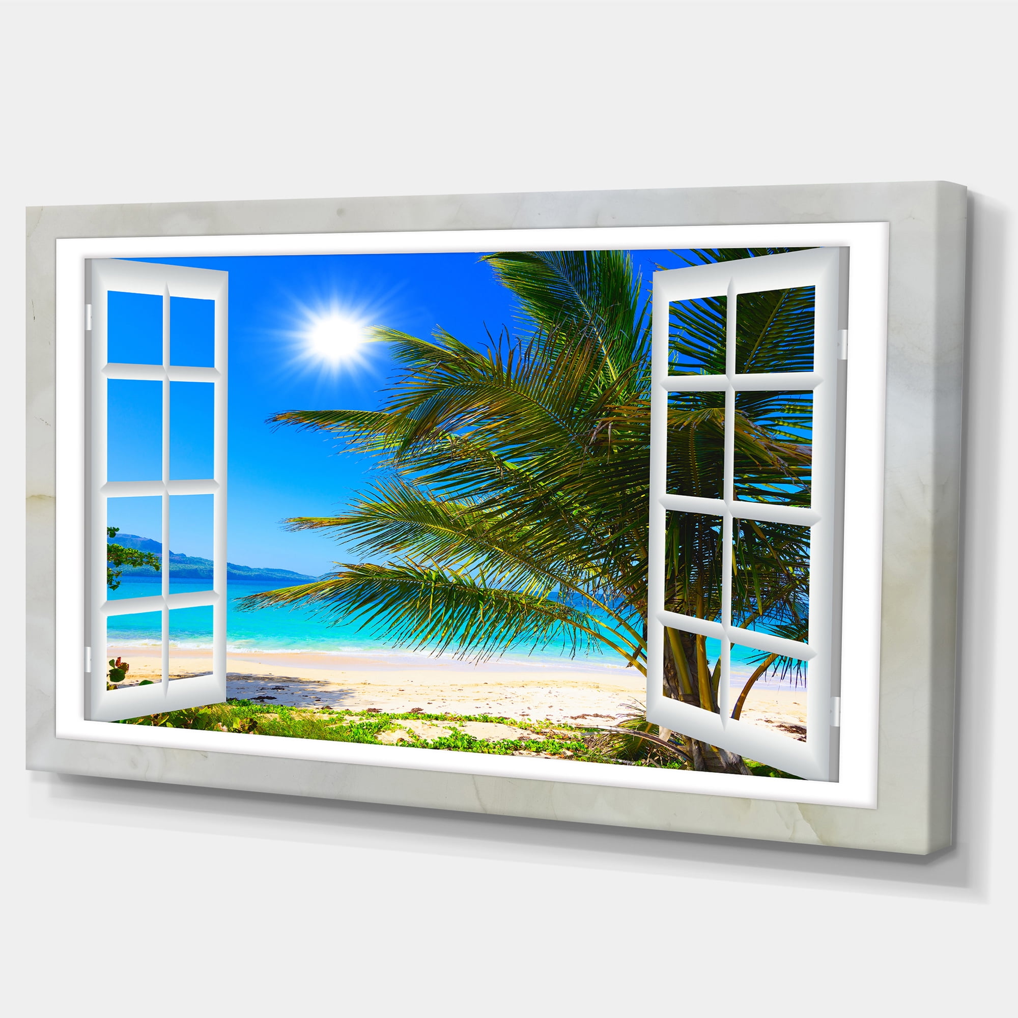 Designart 'Window Open to Beach with Palm ' Extra Large Seashore Canvas Art