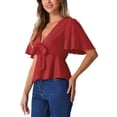 thumbnail image 4 of Blusa peplum para mujer INSPIRE CHIC con mangas acampanadas, decoración de lazo, escote en V profundo, color rojo, 4 of 6