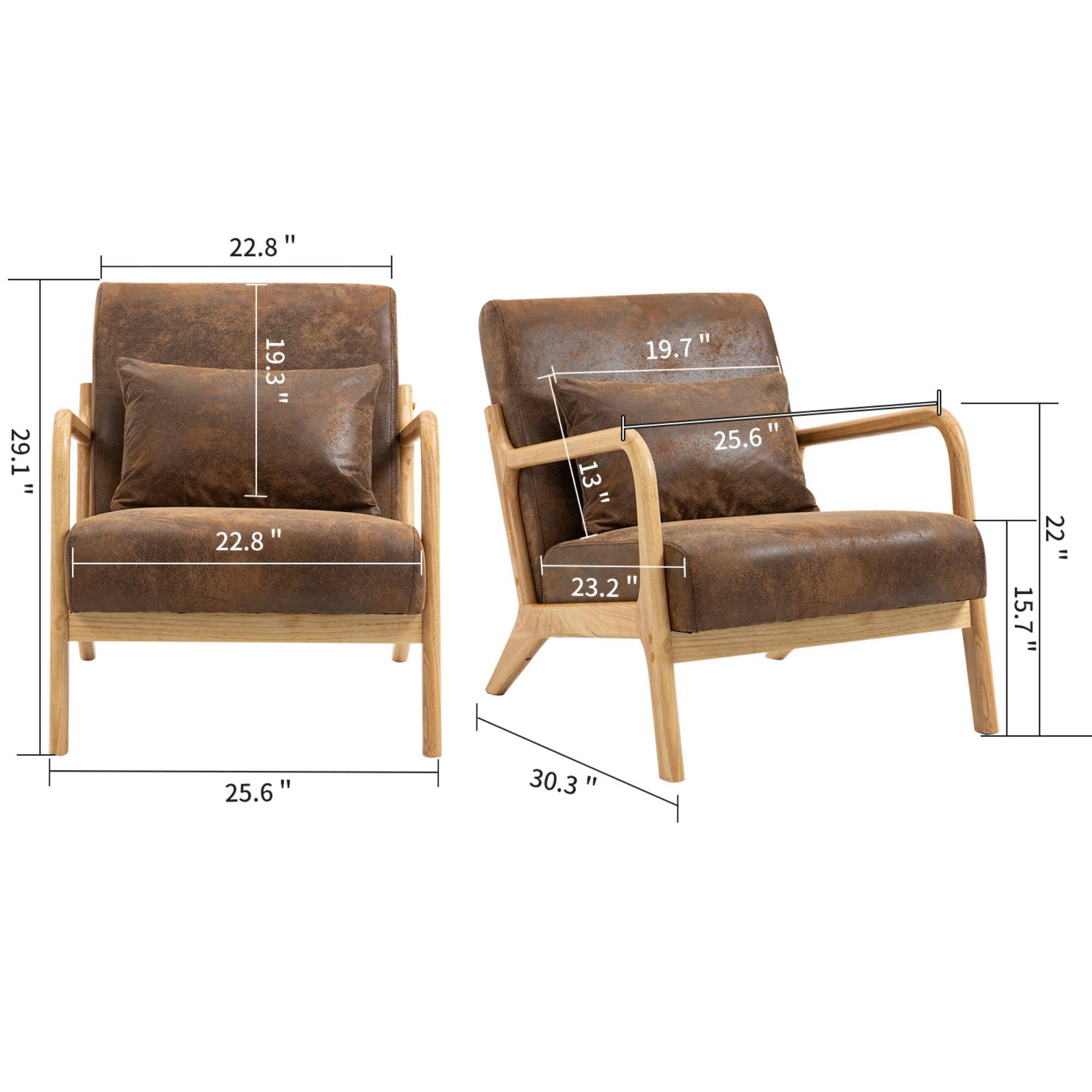 Mid-Century Modern Accent Chair with Pillow Linen Lounge Arm Chair Comfy Reading Chair with Solid Wood Frame for Living Room, Bedroom, Brown