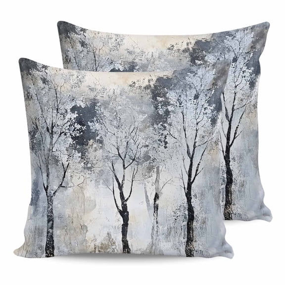 Pillow Covers 20x20 Set of 2, Grey Forest Throw Pillow Covers Decorative Couch Cushion Cover, Abstract Vintage Oil Painting Trees Microfiber Soft Square Pillowcases for Bedroom Living Room Sofa