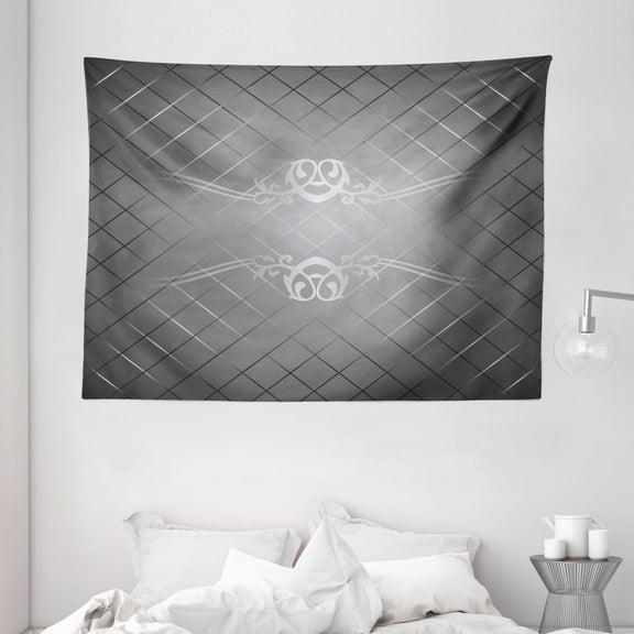 Grey Tapestry, Checkered Pattern with Scroll Detail Abstract Victorian Vignette Classic, Wall Hanging for Bedroom Living Room Dorm Decor, 80W X 60L Inches, Charcoal Grey Pale Grey, by Ambesonne