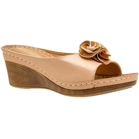 GC Shoes Womens Wedge Sandals Open Toe Mid Heel Platform Comfy Vegan Leather Solid Flower Strap Slide Wedges Blush/ 8.5 GC Shoes Womens Wedge Sandals Open Toe Mid Heel Platform Comfy Vegan Leather Solid Flower Strap Slide Wedges Blush/ 8.5