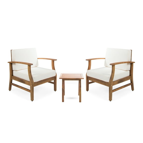GDF Studio Pearl Outdoor 2 Seater Acacia Wood Chat Set with Cushions, Teak and Cream