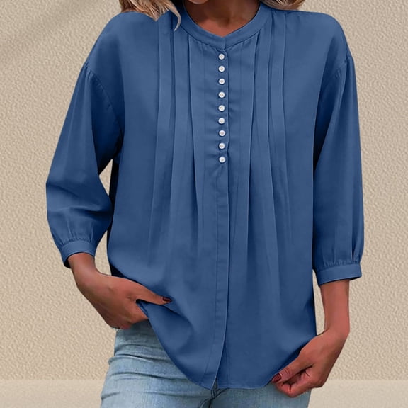 Women's Half Button Crinkle Blouse, 3/4 Sleeve Casual Solid Color Top, Lightweight Loose Fit Round Neck Tunic for Beach Vacation, Daily Wear, and Casual Outfits Blue L