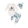 thumbnail image 1 of xiaxaixu Baby Boys Spring Outfits Letter Print Crew Neck Long Sleeve Rompers Camping Print Long Pants Hat 3Pcs Clothes Set, 1 of 9