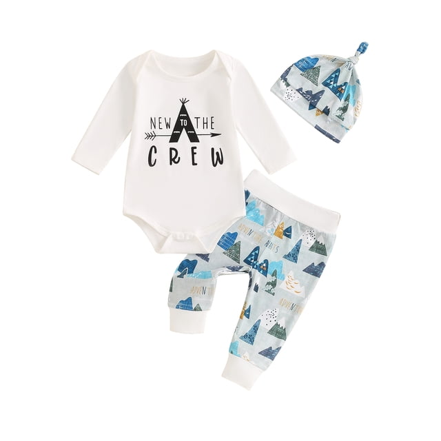 xiaxaixu Baby Boys Spring Outfits Letter Print Crew Neck Long Sleeve Rompers Camping Print Long Pants Hat 3Pcs Clothes Set