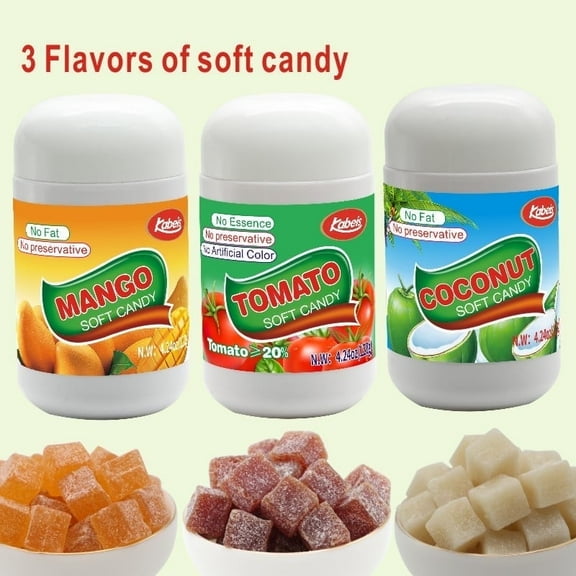 Mango&Tomato&Coconut Flavors 3 Bottles Soft Chewy Gummy Candy, Fruity Snacks Candy Jelly Variety Resealable 4.24oz Per Bottle(3 Bottles)，Perfect Treat for Halloween Parties,Christmas Candy,Sprinkles