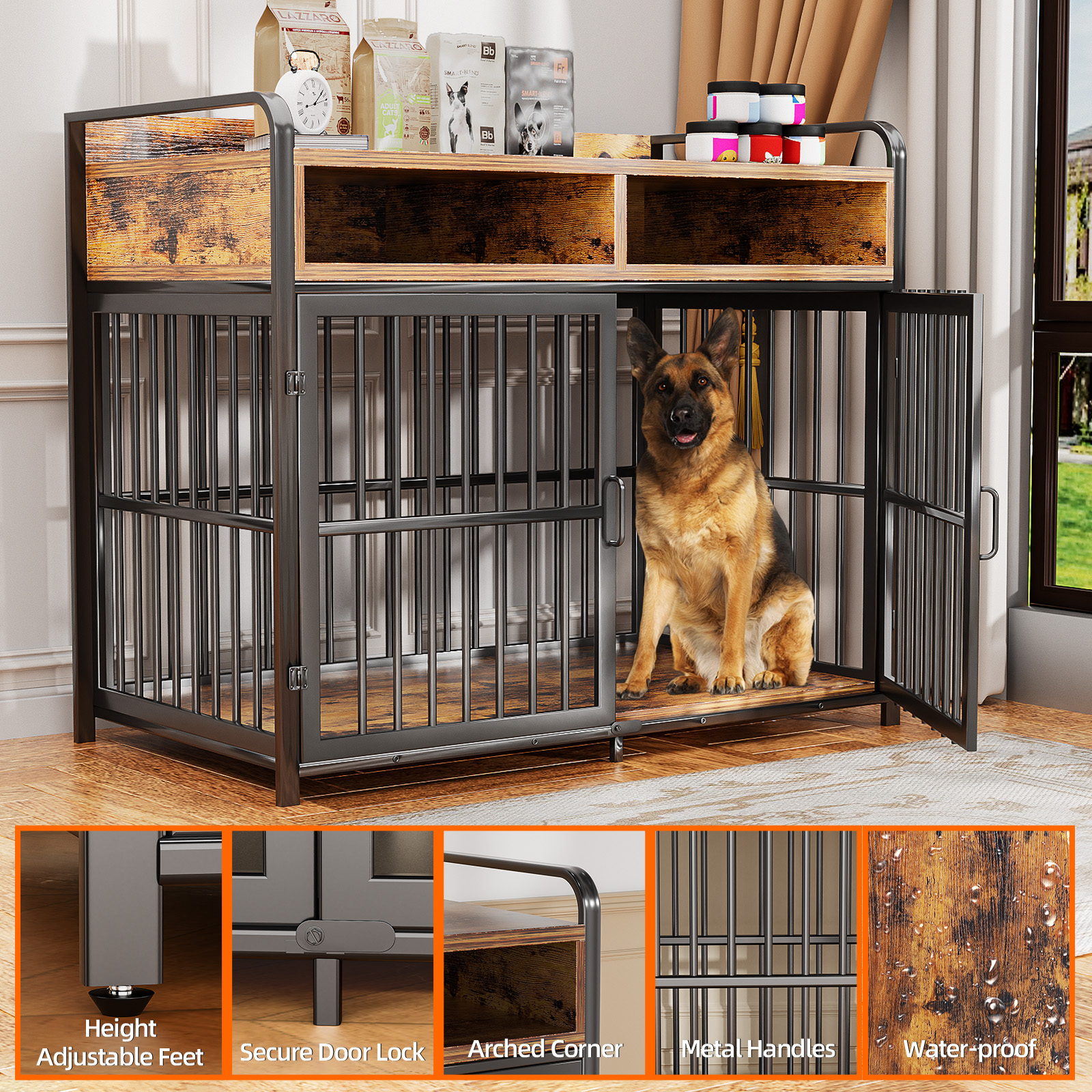 ModFurne Large Dog Crate Furniture with Drawers Storage, Puppy Dog Kennel Indoor with Double Doors, Brown