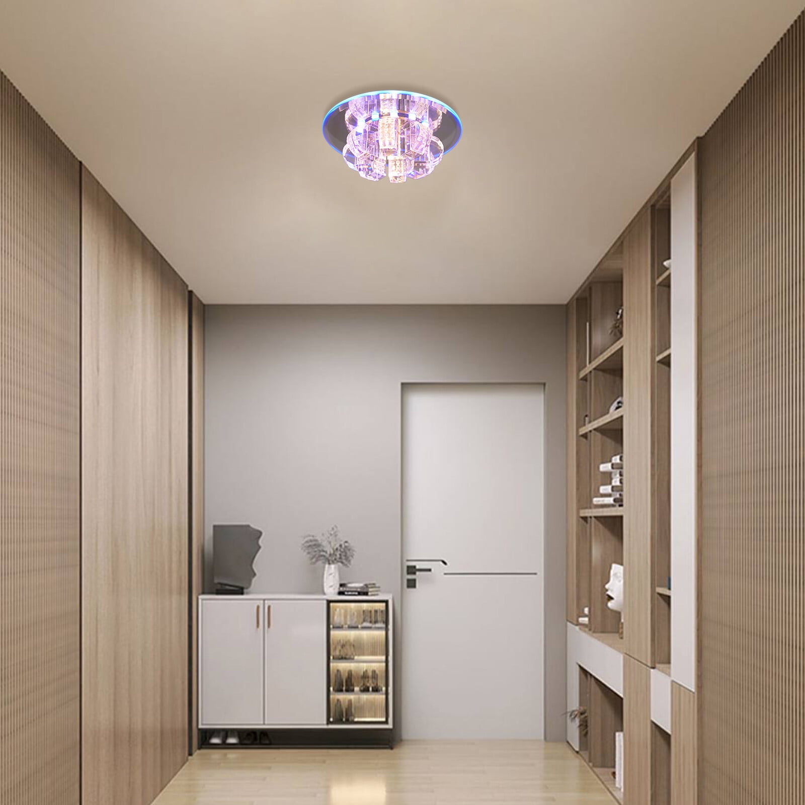 Modern Mini Crystal Chandelier, Round 2-Tier Chandelier Light Fixture Flush Mount Ceiling Lighting Warm White and Blue LED Pendant Lamp for Dining Room Bedroom Living Room