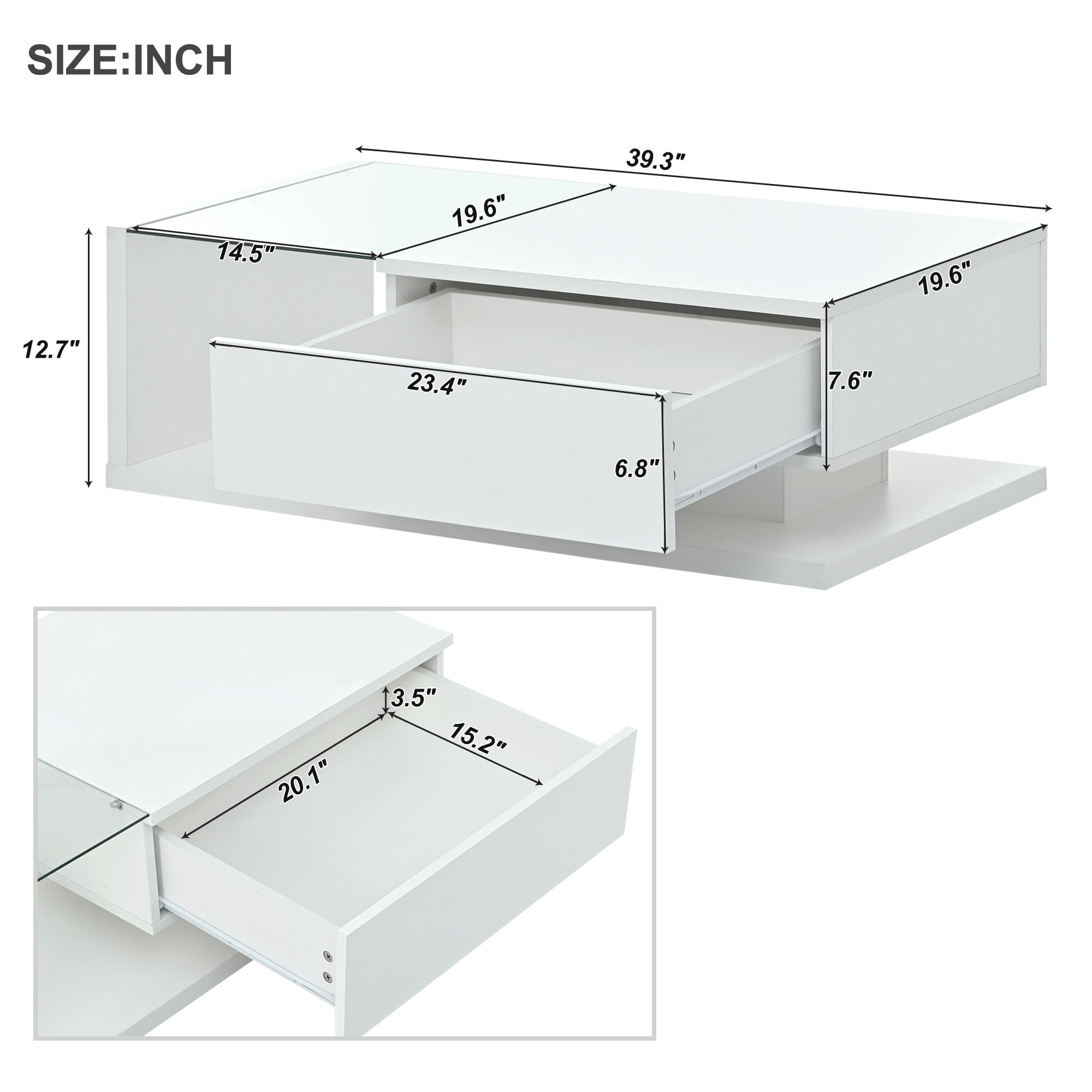 MAYEERTY Modern Coffee Table with Tempered Glass, Wooden Cocktail Table with High-Gloss UV Surface, 2-Tier Rectangle Center Table for Living Room, White