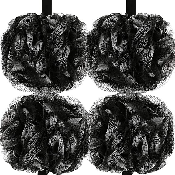Bath Loofah Large 60g Shower Sponge Body Scrubber Mesh Pouf for Men and Women, Set of 4 (Black)