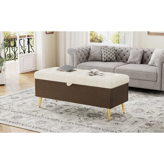 LiviNest Storage Ottoman Bench for Bedroom: 44.7"x17.9" Hidden Storage Ottoman - Multi-Functional Tufted Bench for Living Room & Entryway - 300 lbs Capacity Beige Boucle Fabric Gold Legs