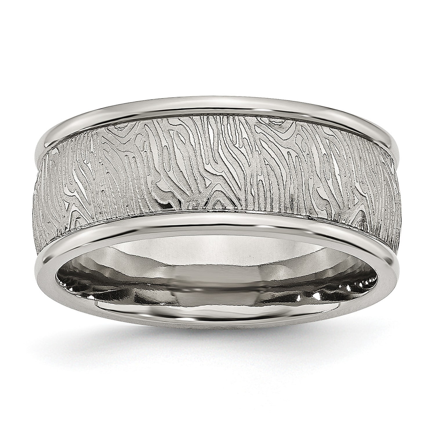 Mens Stainless Steel Polished 9mm Textured Rounded Edge Wedding Band Mens Stainless Steel Polished 9mm Textured Rounded Edge Wedding Band