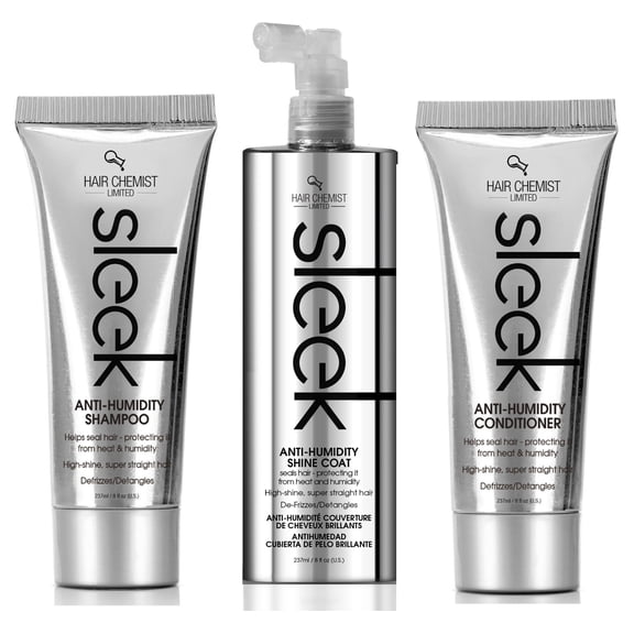 Hair Chemist Sleek Anti-Humidity Shampoo 8oz, Conditioner 8oz & Shine Coat 8oz 3-PC SET - Frizzy Hair Shampoo and Anti-Frizz Treatment Collection for Silky Hair & Super Straight Hair
