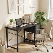 edx Office Desk with 2 Fabric Drawers & Headphone Hook, 40” PC Table Writing Desk with Storage Shelf, Computer Workstation for Bedroom Study, Black Grain