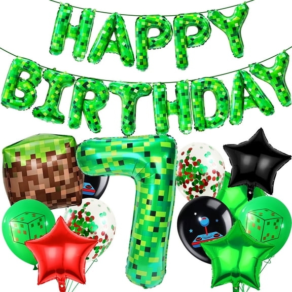 Frantlna Pixel Balloons Birthday Decorations, Miner Theme Foil banner and 40in Number 7 Blast Gaming Party Supplies