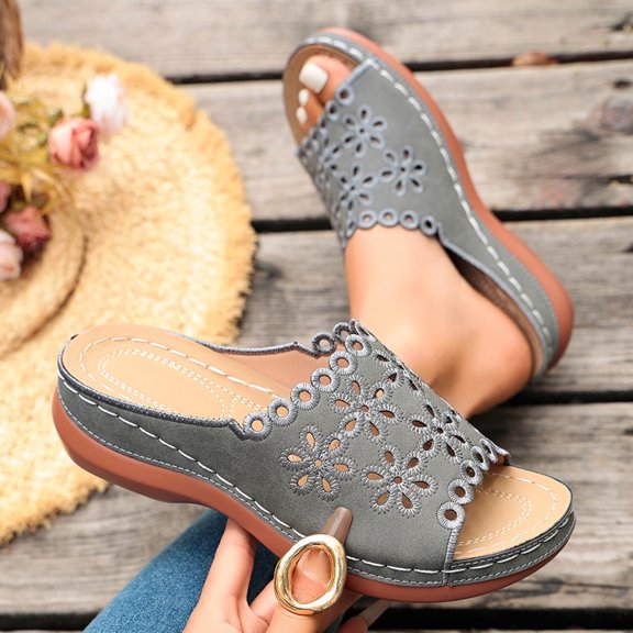 Women Wedge Sandals Platform Open Toe Strappy Wide Fit Shoes Womens Comfort Ladies Summer Non Slip Walking Shoes Casual Slippers Gray 7