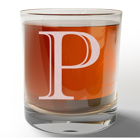 Monogram Etched Letter P 11oz Whiskey Rocks Glass Bourbon Scotch Lowball Old Fashioned Gifts for Him for Groomsmen for Husband