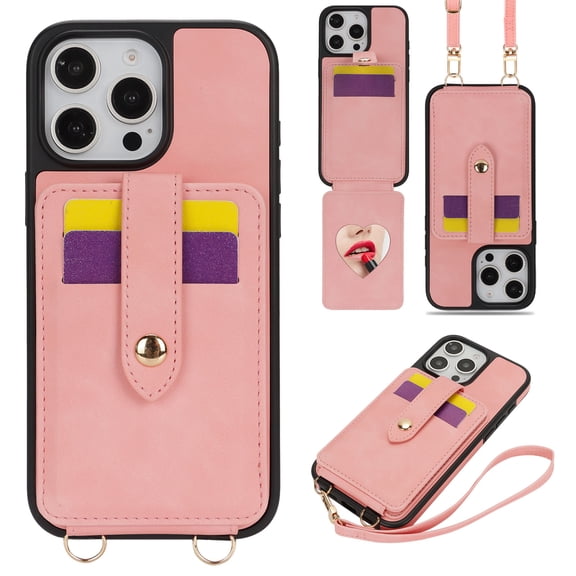 for iPhone 16 Pro Wallet Cover, with Mirror & Magnetic Clasp & Credit Card Holder Kickstand, Crossbody Strap & Wrist Strap PU Leather Cover for iPhone 16 Pro Women Girls, Pink