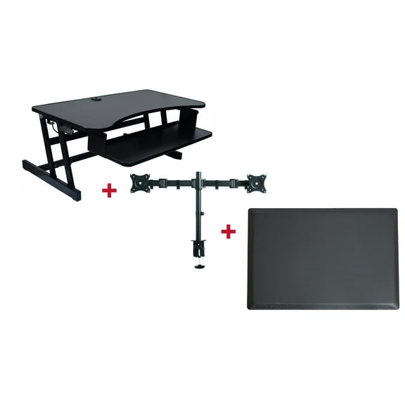 Rocelco 37.5" Deluxe Height Adjustable Standing Desk Converter with Dual Monitor Mount and Anti Fatigue Mat BUNDLE | Sit Stand Up Computer Workstation Riser | Keyboard Tray | Black (R DADRB-DM2-MAF)