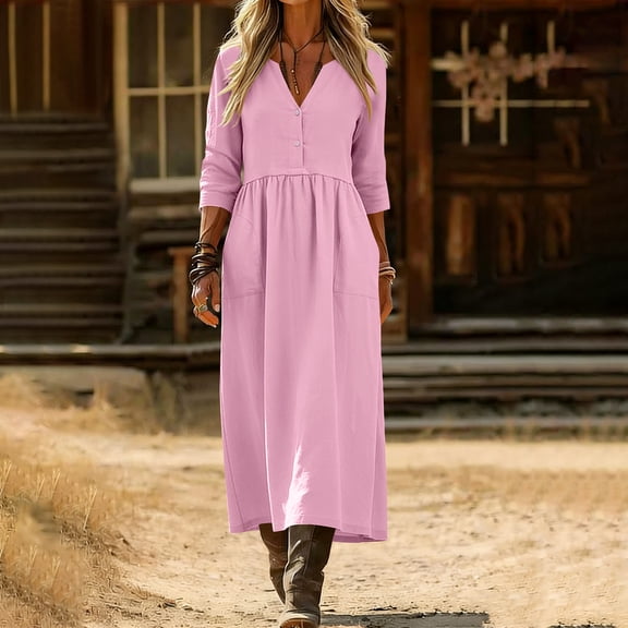 Feancey Cotton Linen Dresses for Women 3/4 Sleeve Button V Neck Shirt Dress Summer Casual Loose Fit Maxi Dresses Flowy Swing Boho Dress Pink XL