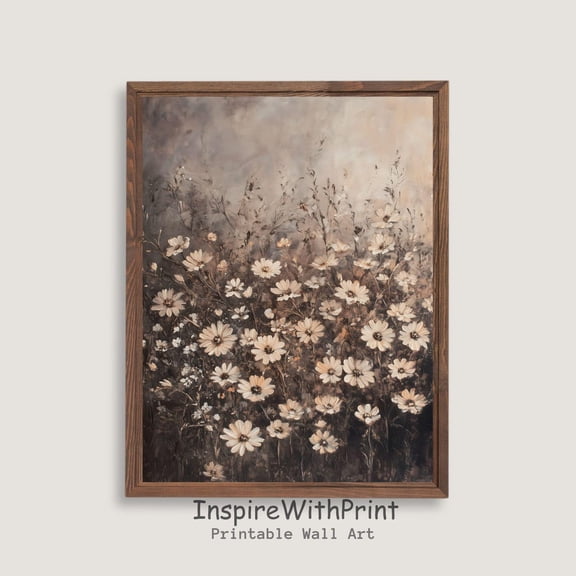 Vintage Wildflower Field Wall Art Poster Rustic Country Meadow Landscape Decor With Antique Neutral Tones Home Decor UNFRAMED Poster, Wall Art for Decor, Present, 8x12