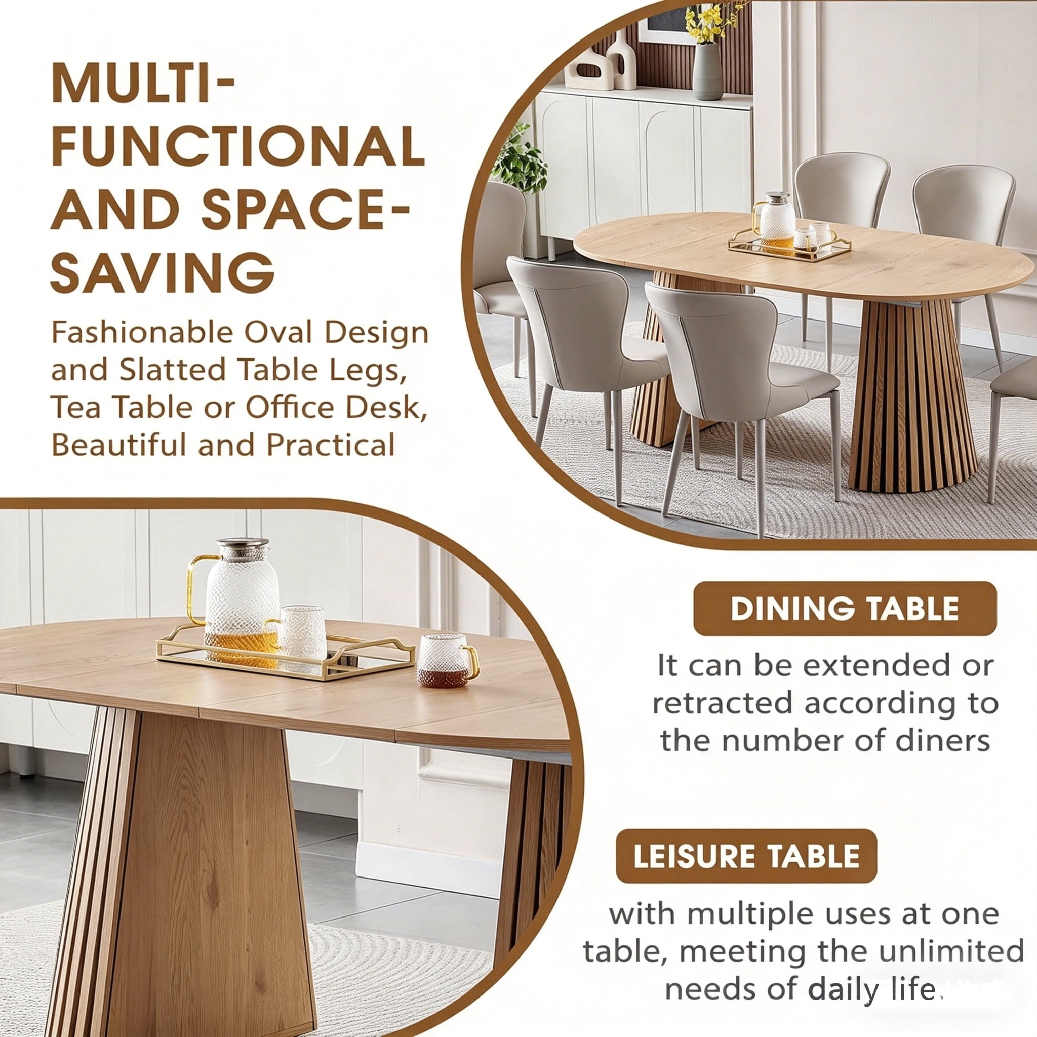 Wooden Dining Table, Flexible and Extendable, Multi-functional and Space-saving, Fashionable Oval Design and Slatted Table Legs, Tea Table or Office Desk, Beautiful and Practical