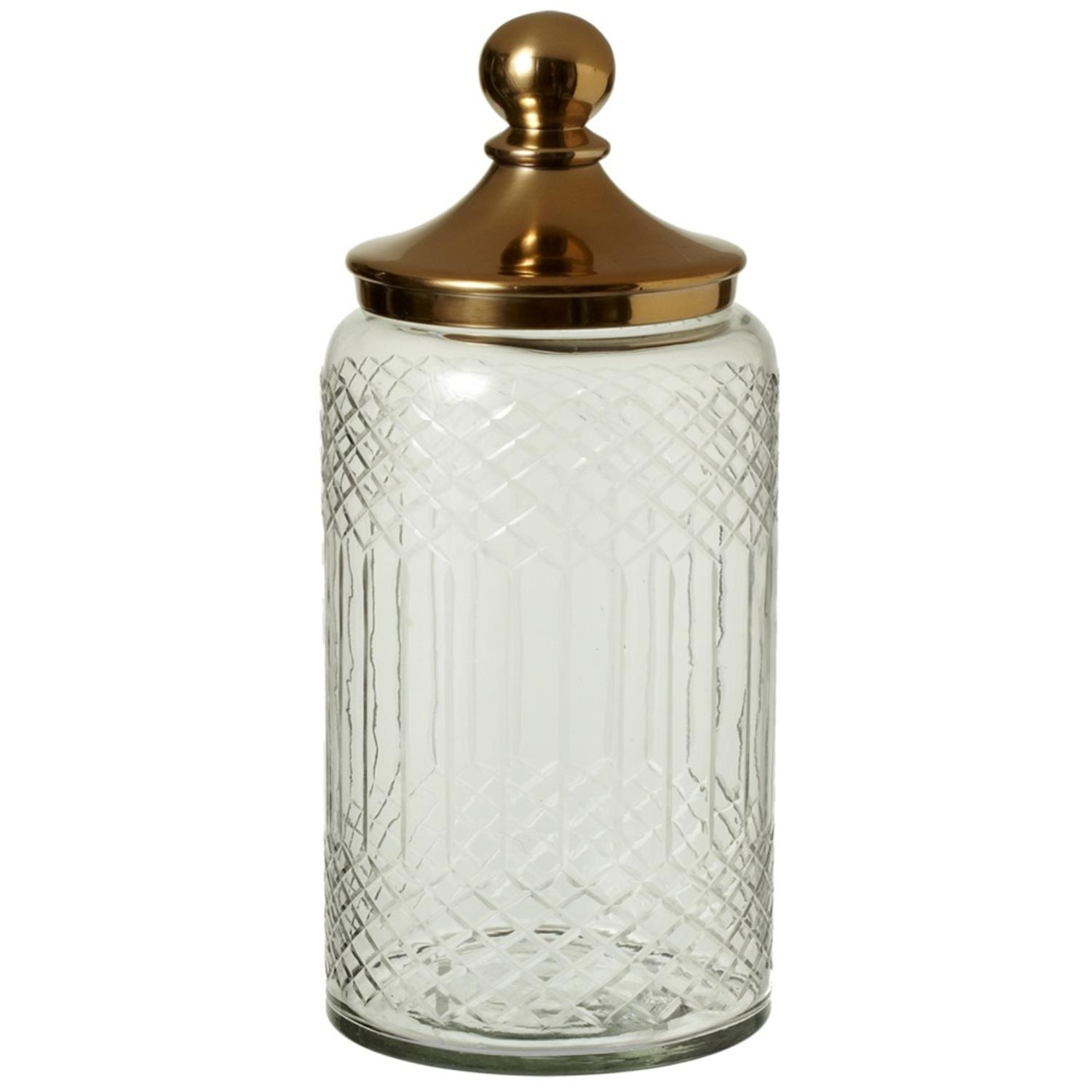 13.5" Etched Lattice Decorative Glass Canister with Gold Aluminum Lid