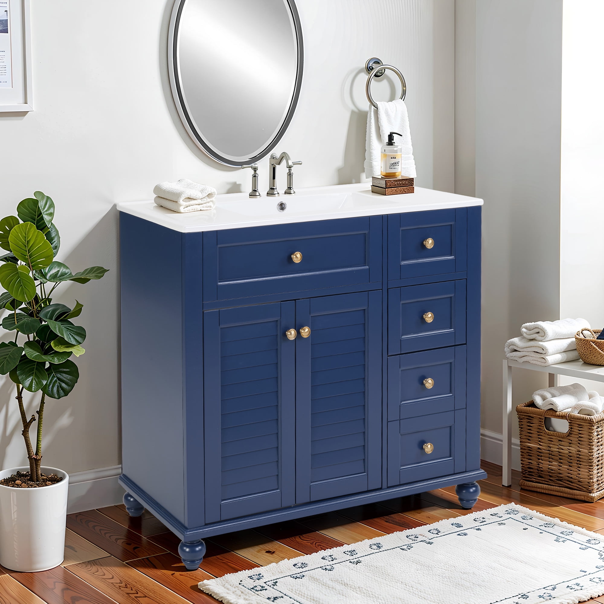 Bathroom Vanity, Vanity with Sink, Storage Vanity 36 Inch with Integrated Ceramic Sink Soft Close Drawers Multi Tier Storage Solid Wood Frame for Bathroom, Blue