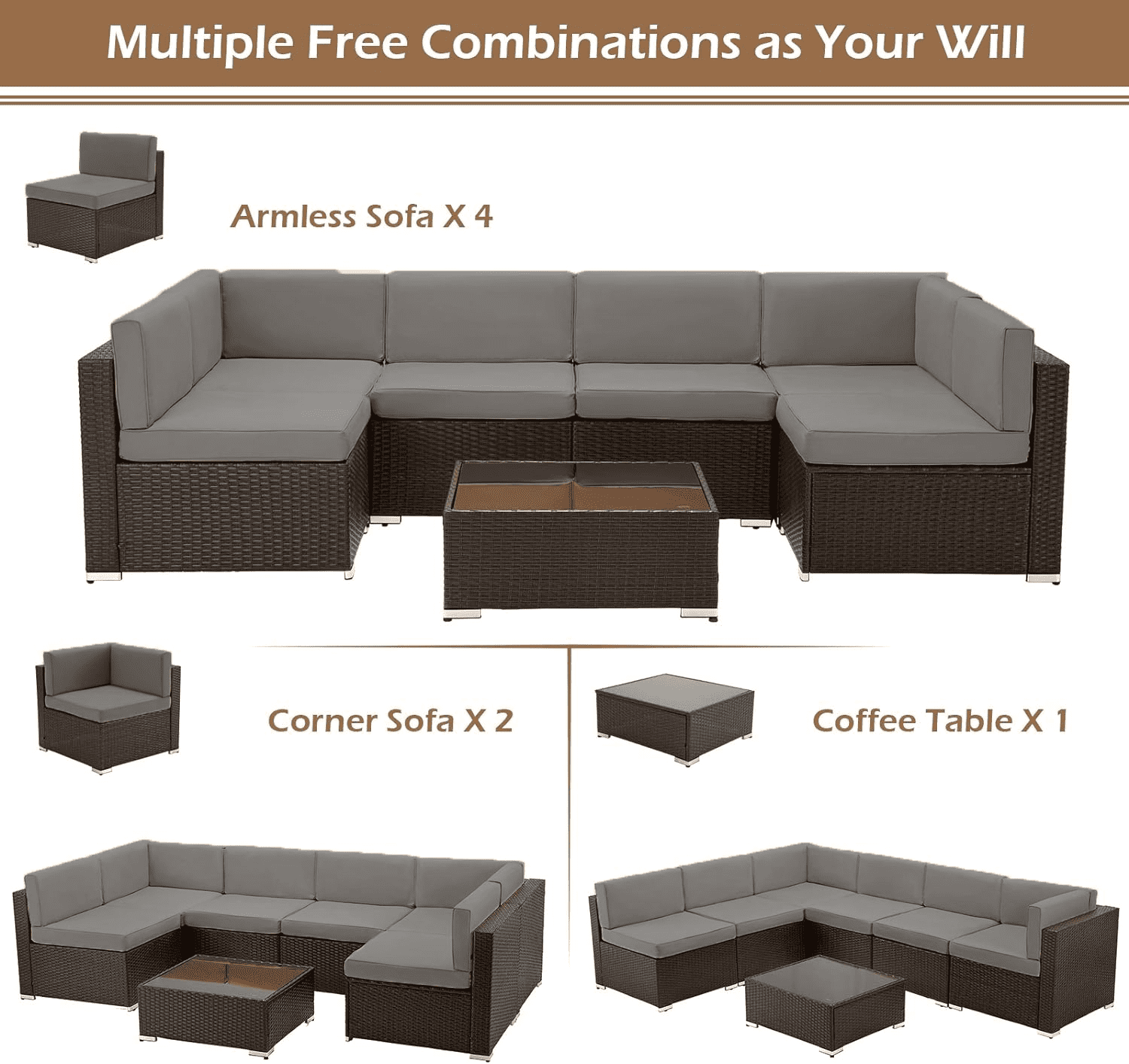 Danrelax 7-Piece Outdoor Sectional Sofa Patio Conversation Set, PE Rattan Wicker Furniture, Steel Frame, Dark Grey Cushion/ Black Rattan